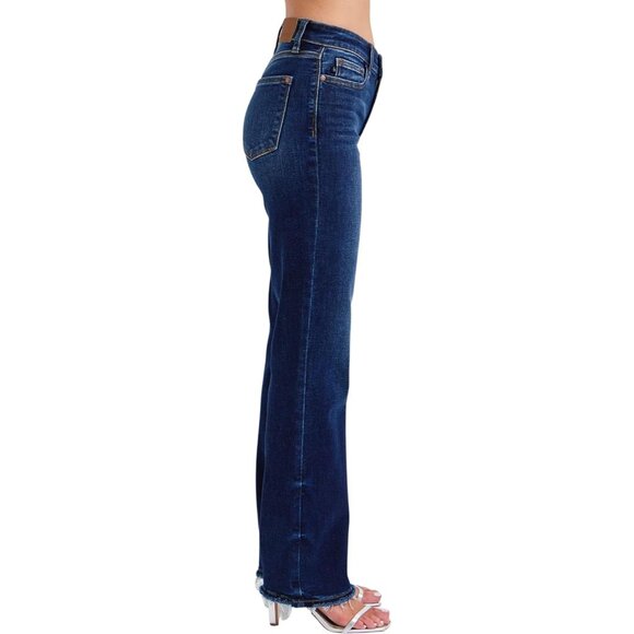Women's Mid Rise Straight Jean with Frayed Hem Dark Blue Plus Size - Picture 3 of 7